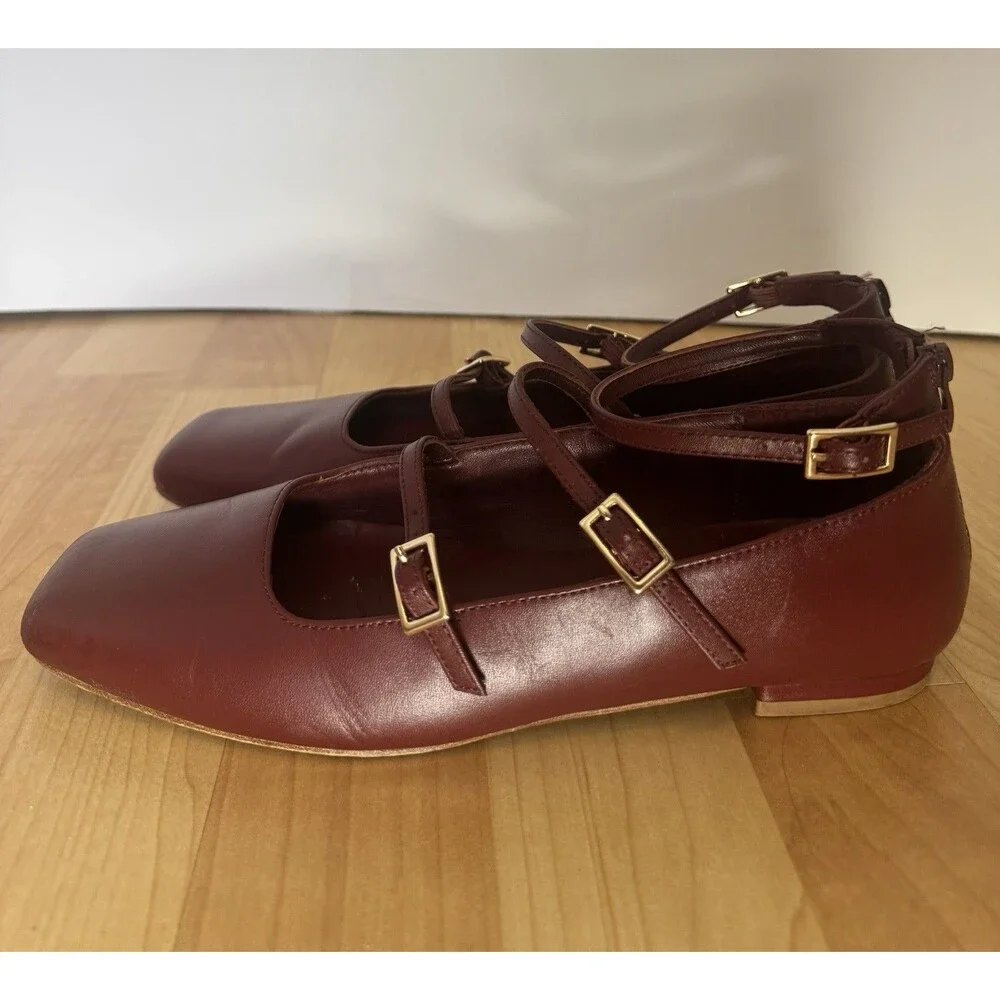 Quince Italian Leather Strappy Ballet Flat Shoes Size 7 Merlot
